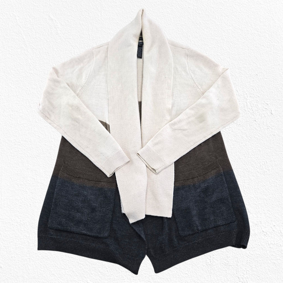 Tahari Brown Striped Wool Blend Open Front Cowl Neck Cardigan Sweater Size XL - Picture 2 of 9